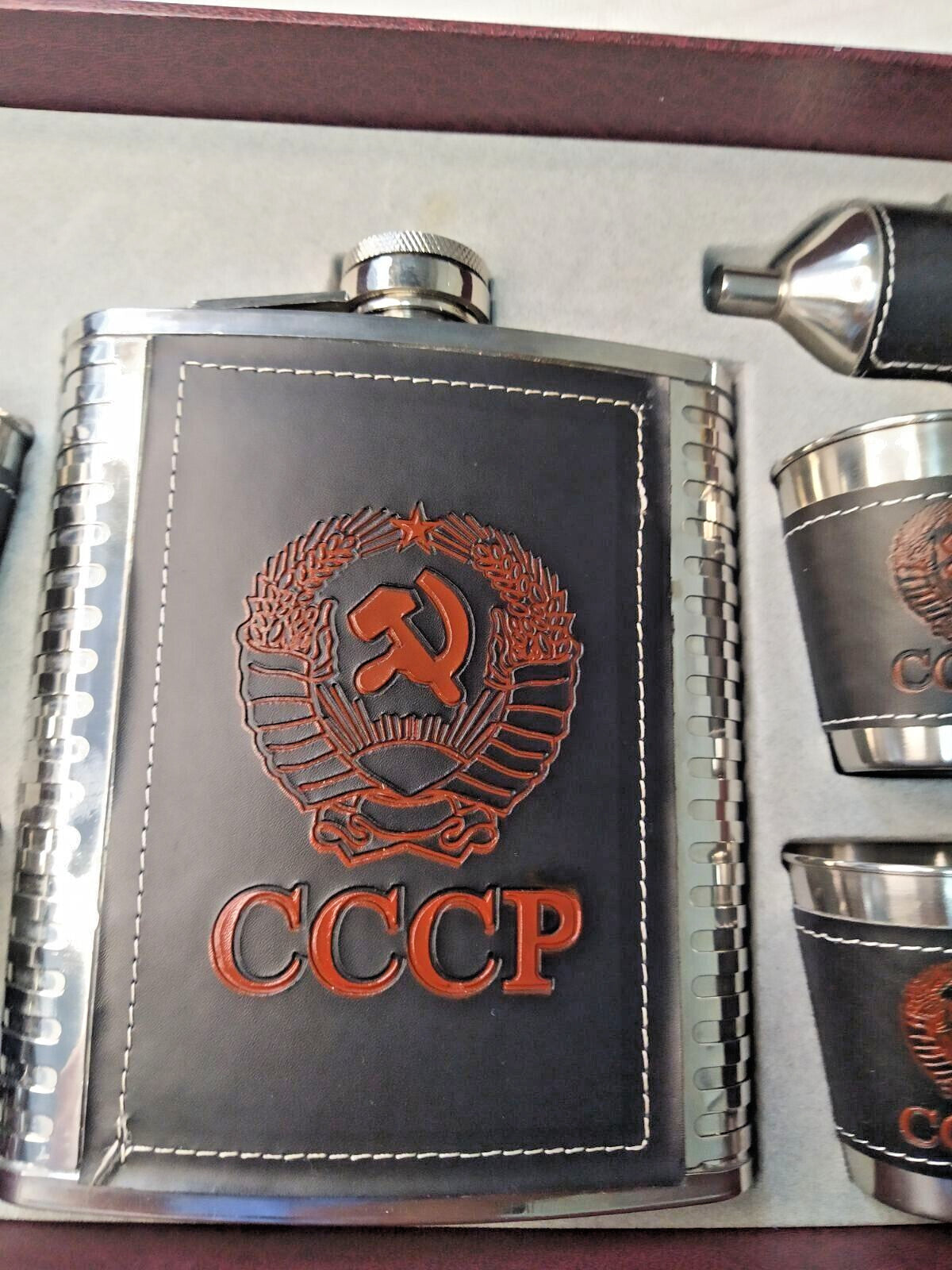 Soviet-style hip flask gift set with USSR emblem on dark brown faux leather