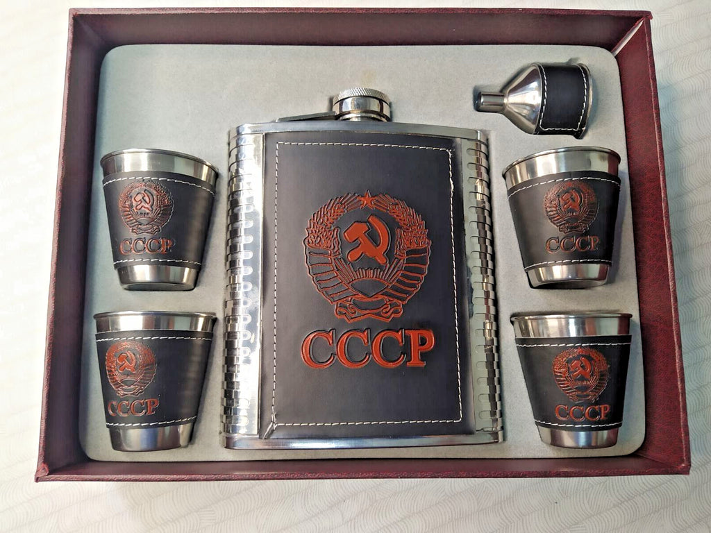 Stainless steel flask with 4 shot glasses and funnel in gift box