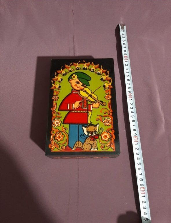Vintage wooden jewelry box lid with boy violinist and cat illustration