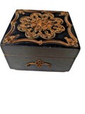 Soviet jewelry box with copper-tone filigree mandala on a black lacquered lid