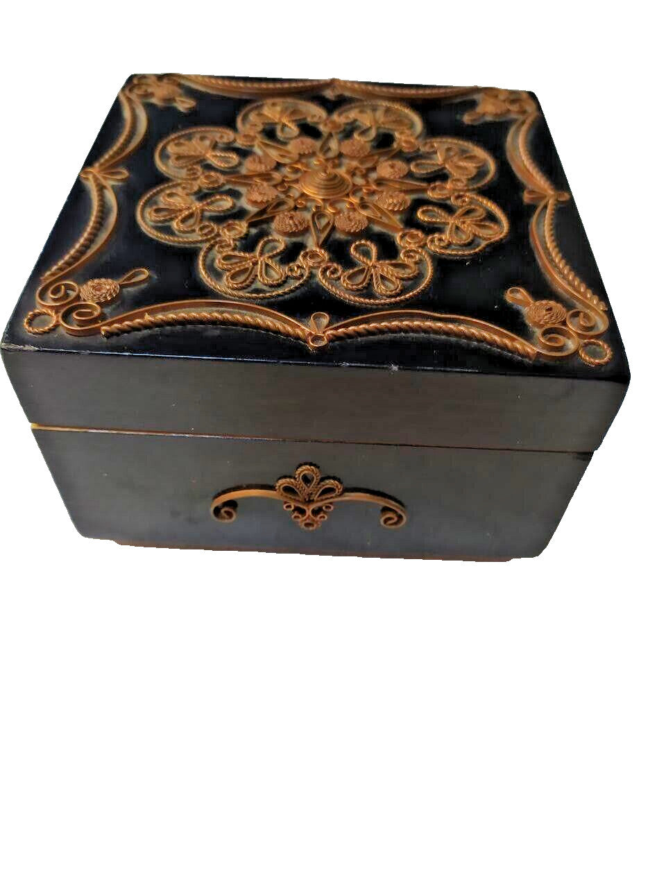 Soviet jewelry box with copper-tone filigree mandala on a black lacquered lid
