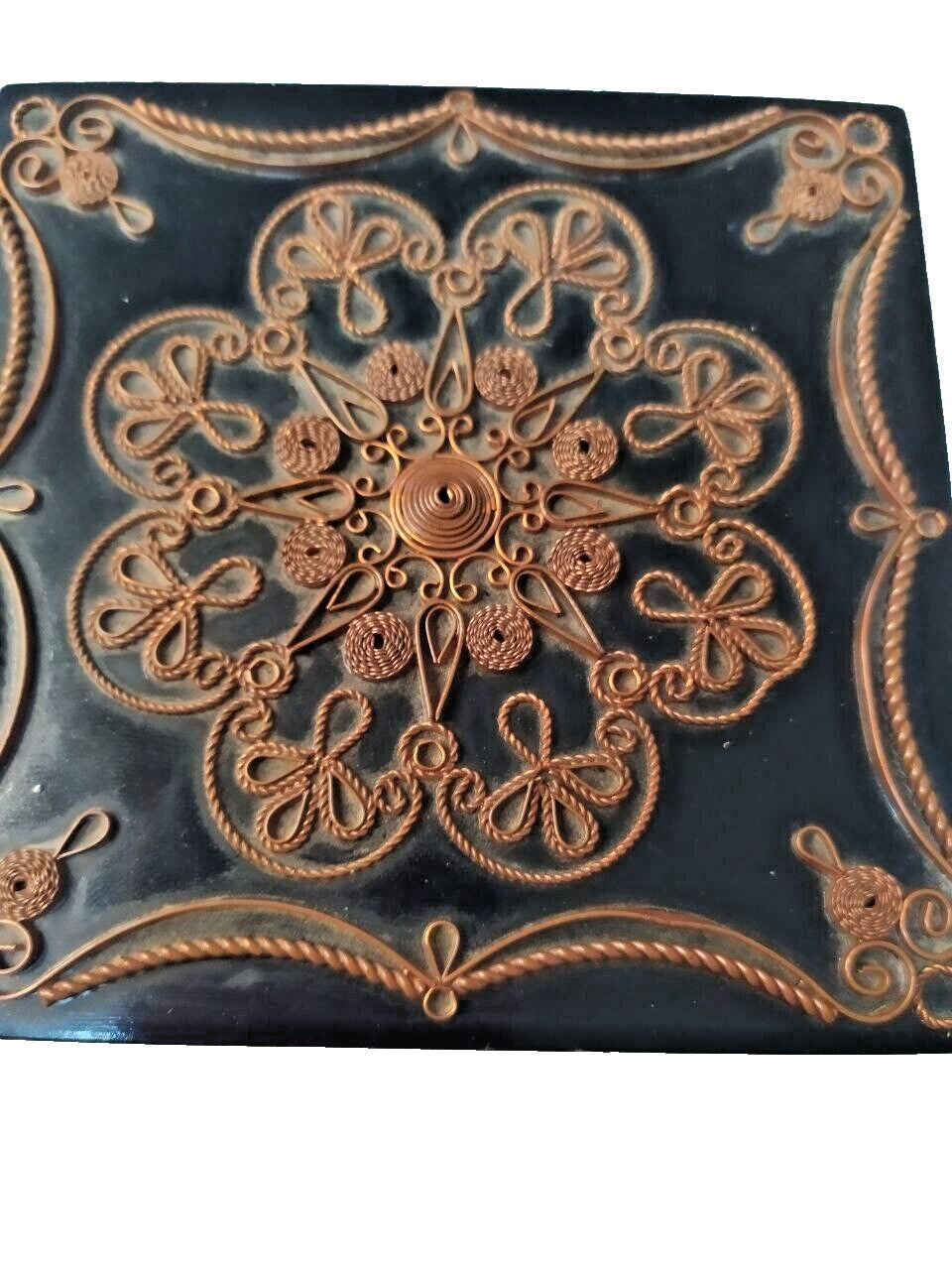 Vintage soviet jewelry box front with floral wire filigree and feet