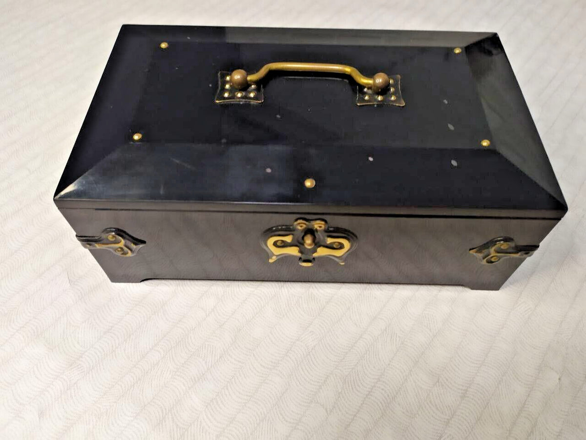 Soviet jewelry box by Karbolit in black Bakelite with brass-colored accents