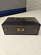 Vintage Soviet music box open with red velvet two-compartment interior