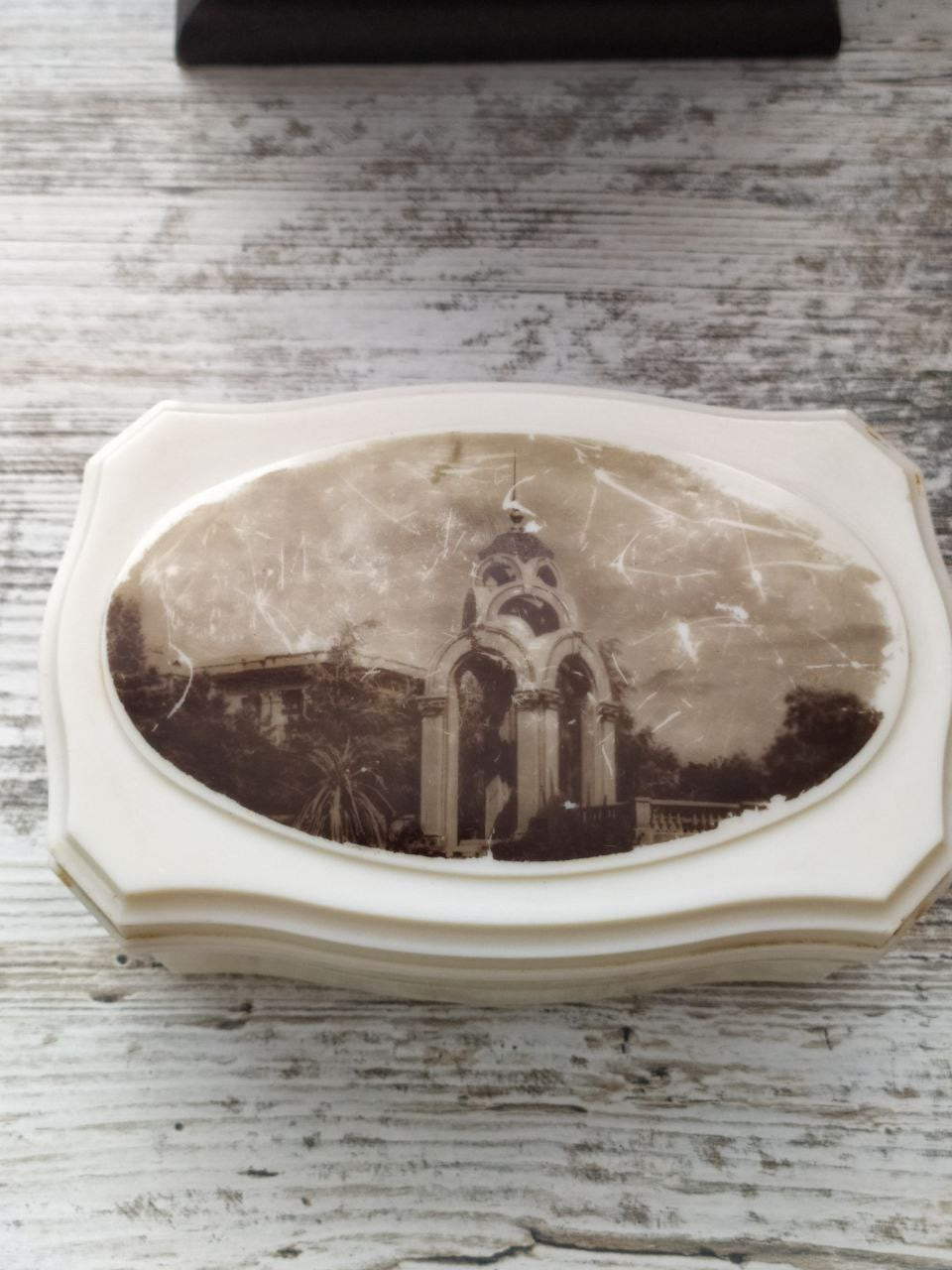 Soviet jewelry box with sepia Matsesta arch photo on the lid, Sochi souvenir