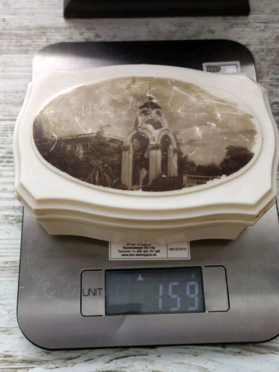Vintage Soviet jewelry box next to a tape measure for size – detail 10