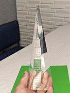 Soviet Kremlin souvenir obelisk with engraved Spasskaya Tower in clear Lucite