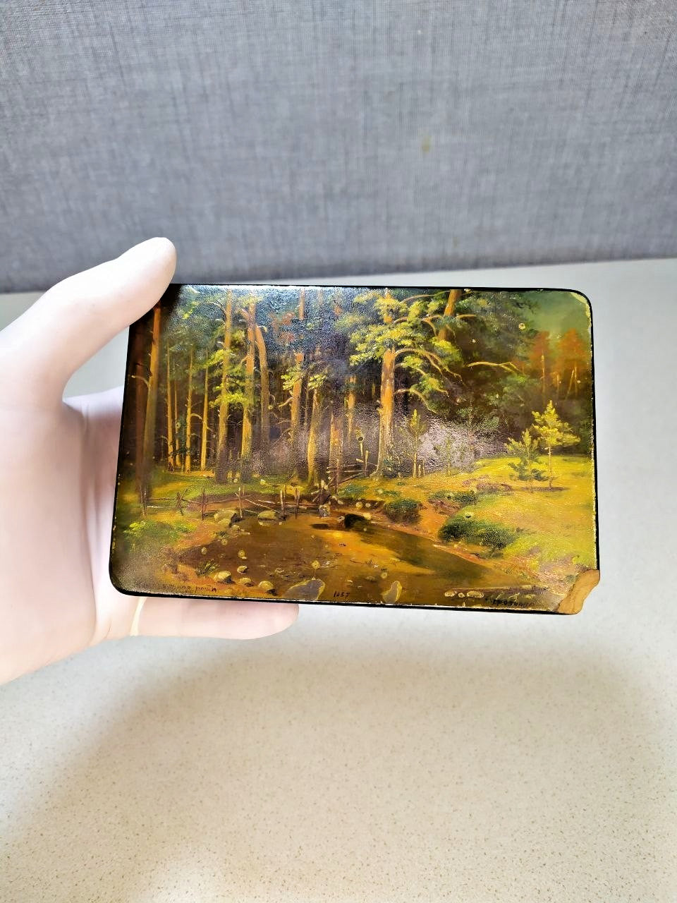 Soviet papier-mache lacquer box Ship Grove by Gryaznov from the 1950s