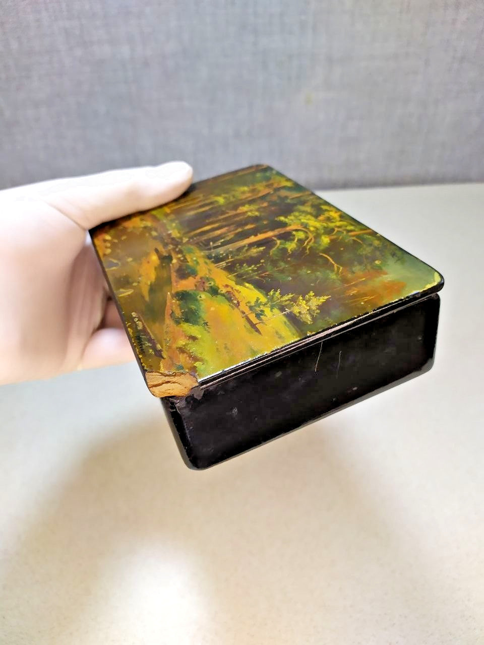 Hand-painted papier-mache box titled Ship Grove