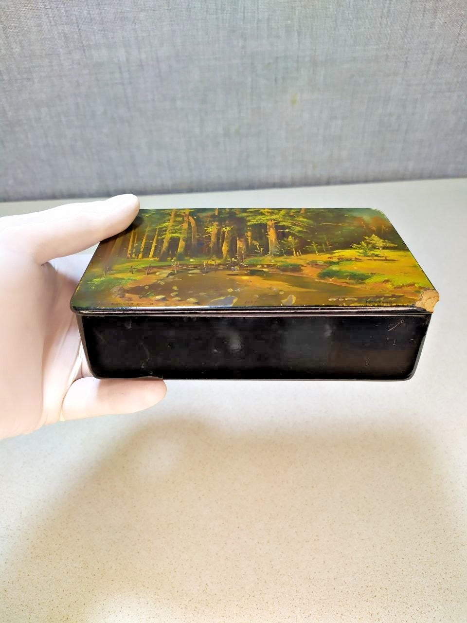 Hand-painted papier-mache box titled Ship Grove – detail 5