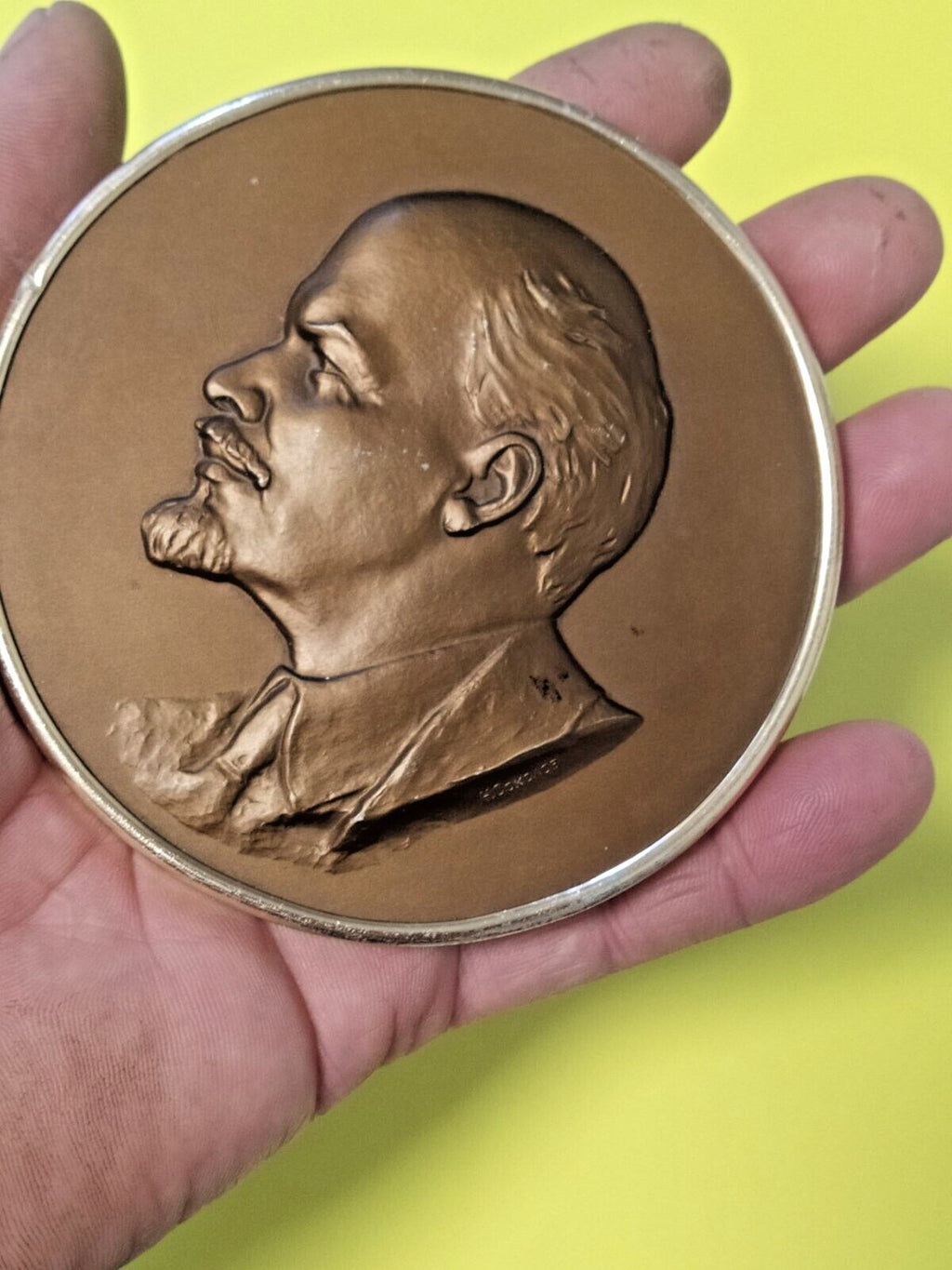 Vintage USSR Lenin plaque with silver-tone metal rim