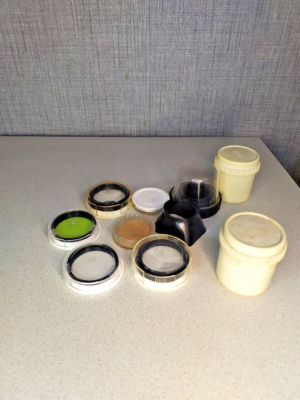Soviet lens filter set with ZhS-14 52x0.75 yellow filter, lens hoods and adapters