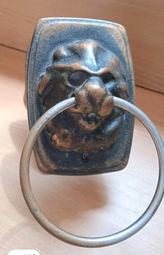 Lion head door pull handle, close-up of the bas-relief lion holding a ring