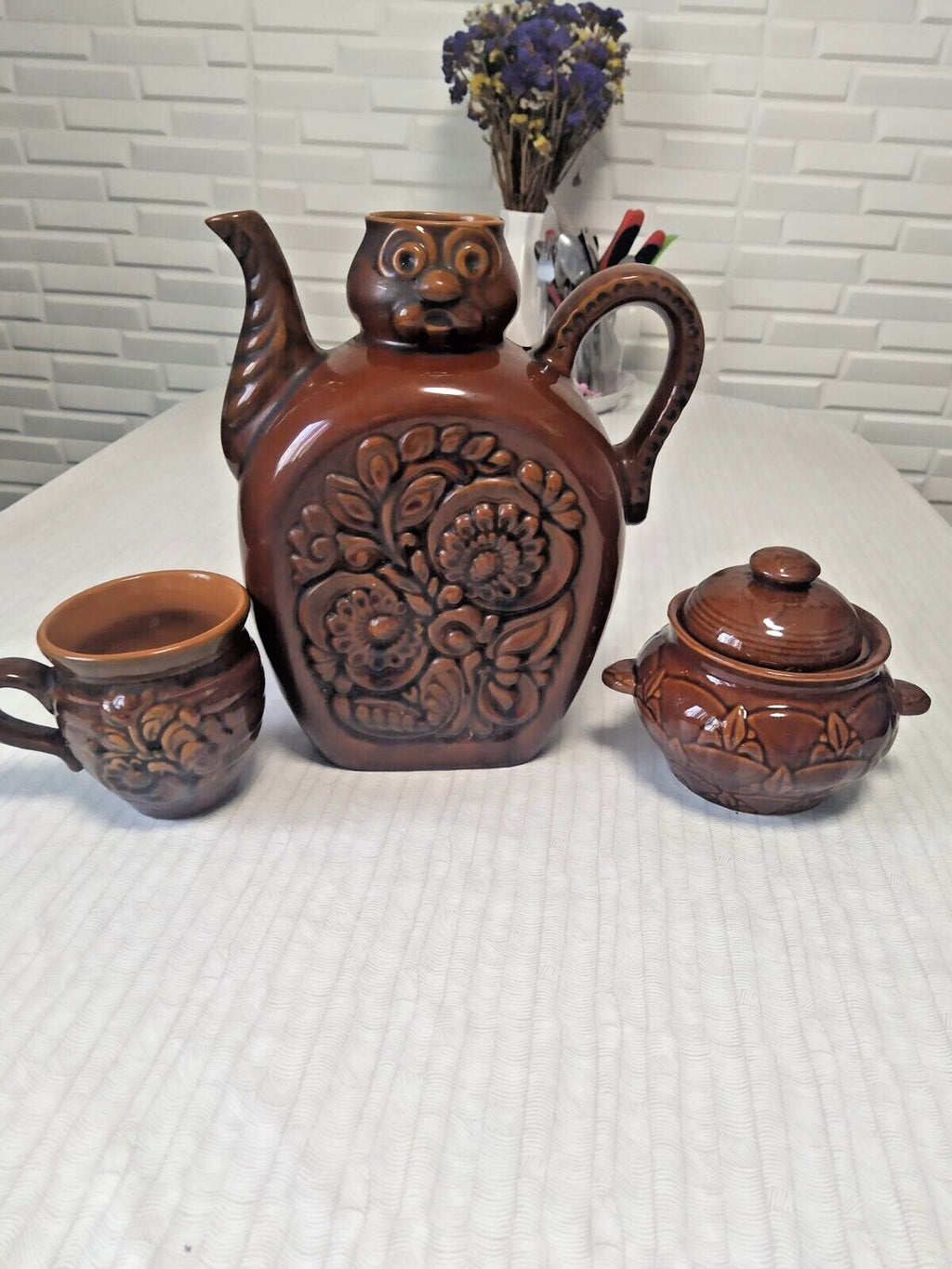 Soviet majolica ceramic set with brown glazed jug, cup and lidded sugar bowl
