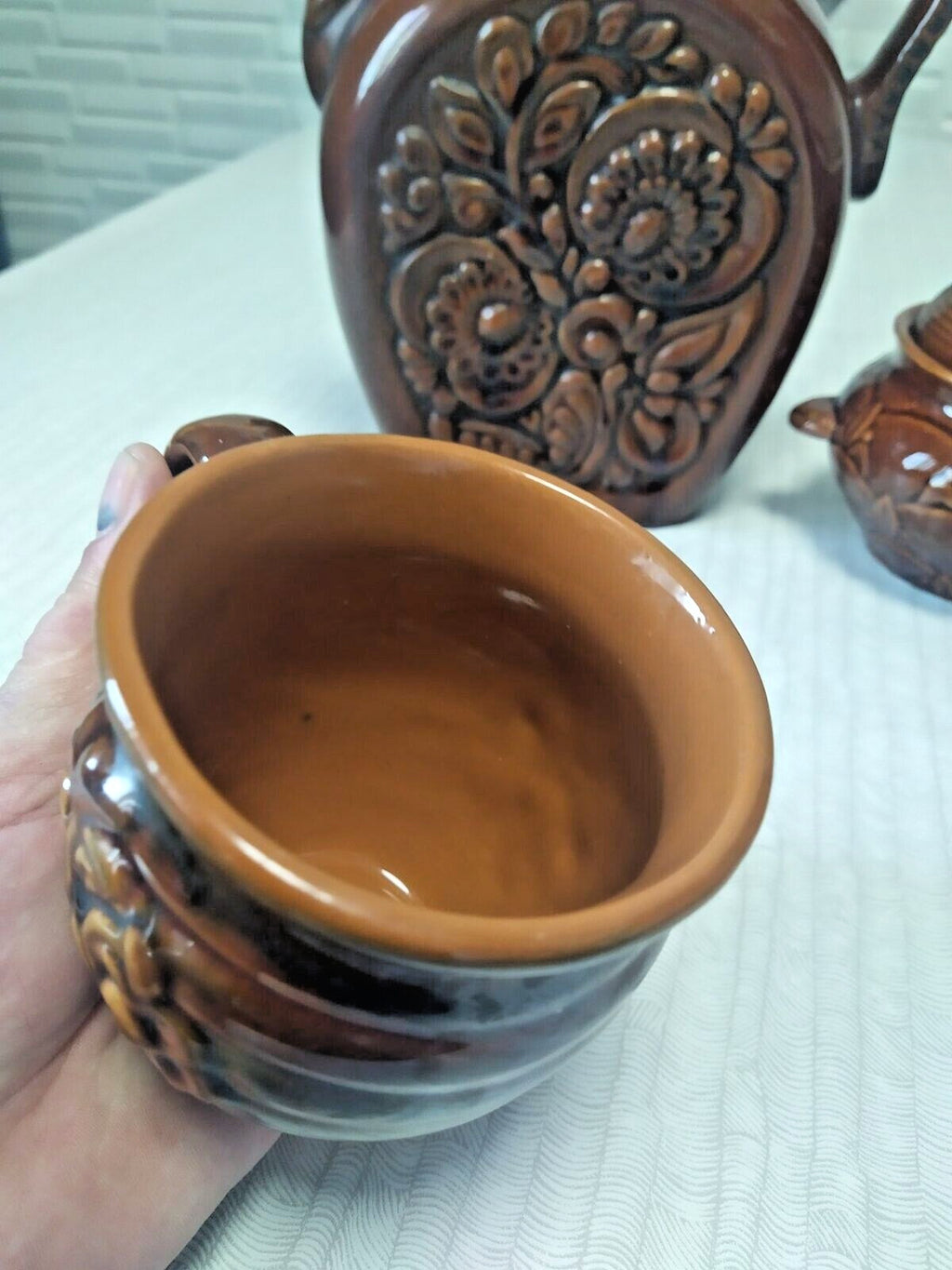Brown glazed sugar bowl with lid and two small handles