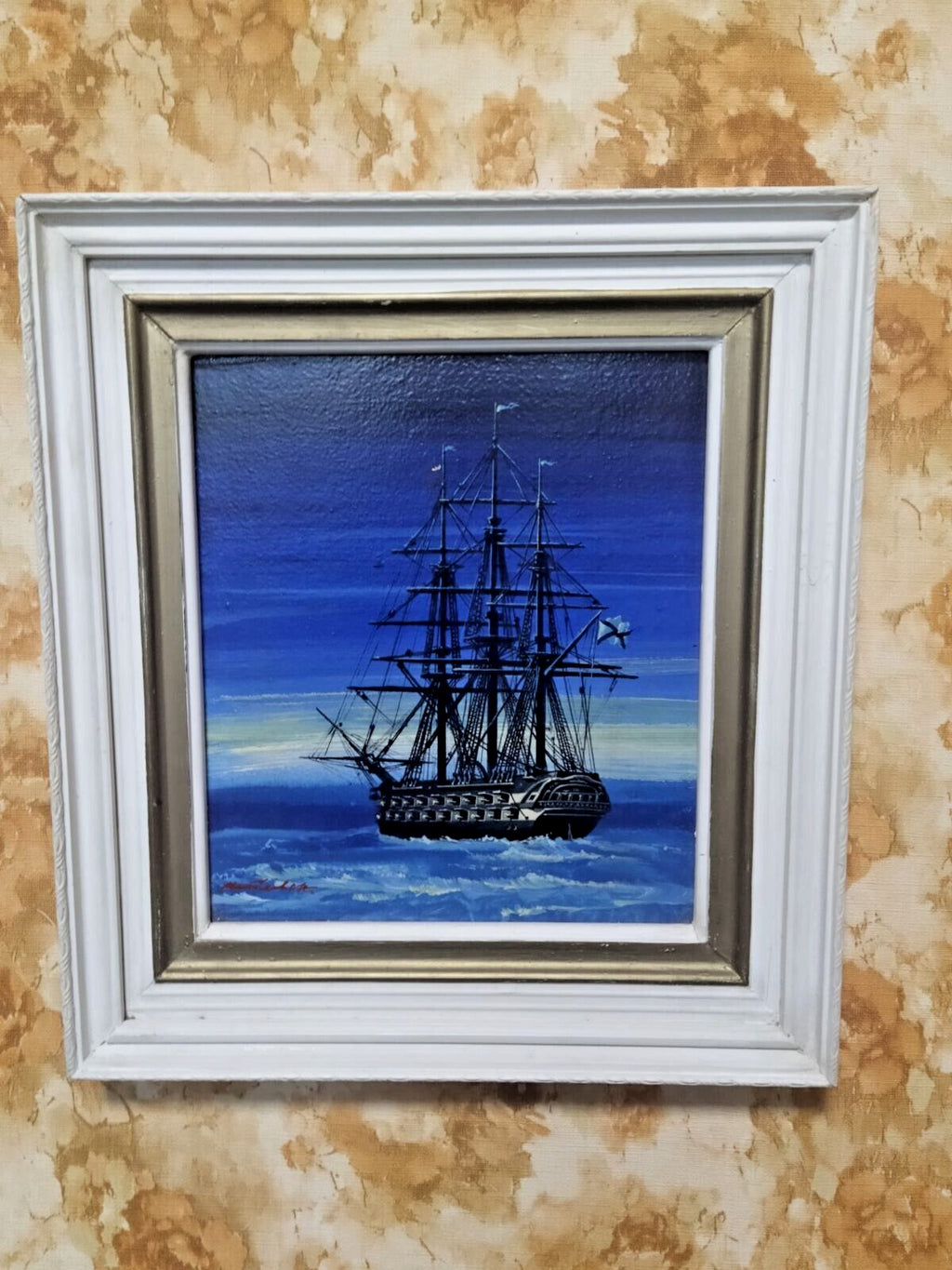 Soviet marine painting Ship at Night by S.N. Matveyev with three-masted sailing ship
