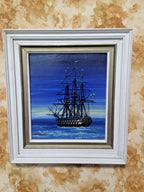 Soviet marine painting Ship at Night by S.N. Matveyev with three-masted sailing ship