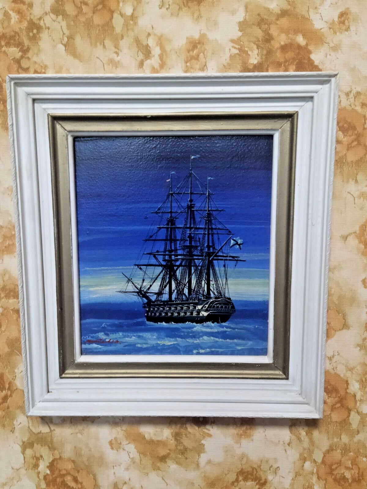 Soviet marine painting Ship at Night by S.N. Matveyev with three-masted sailing ship