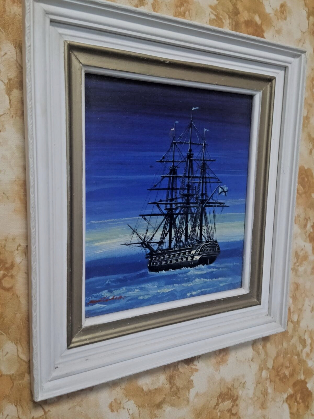 Soviet vintage art: tall ship under full sail on indigo night sea