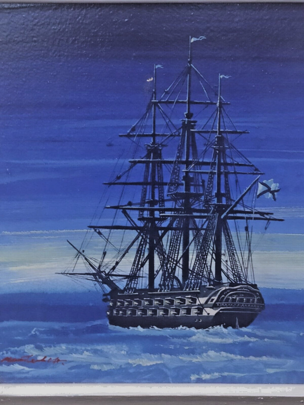 Soviet vintage art: tall ship under full sail on indigo night sea – detail 5
