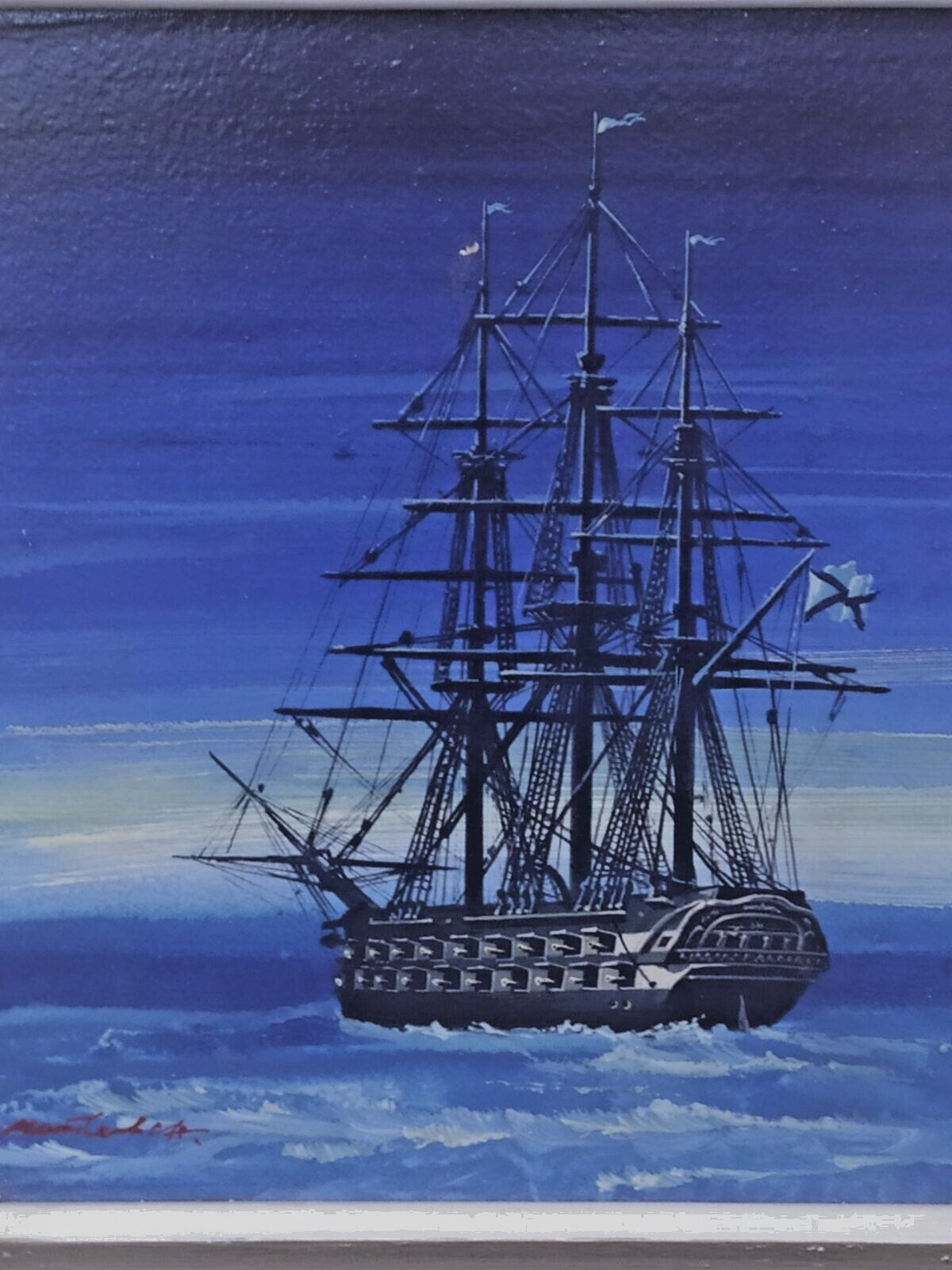 Soviet vintage art: tall ship under full sail on indigo night sea – detail 5