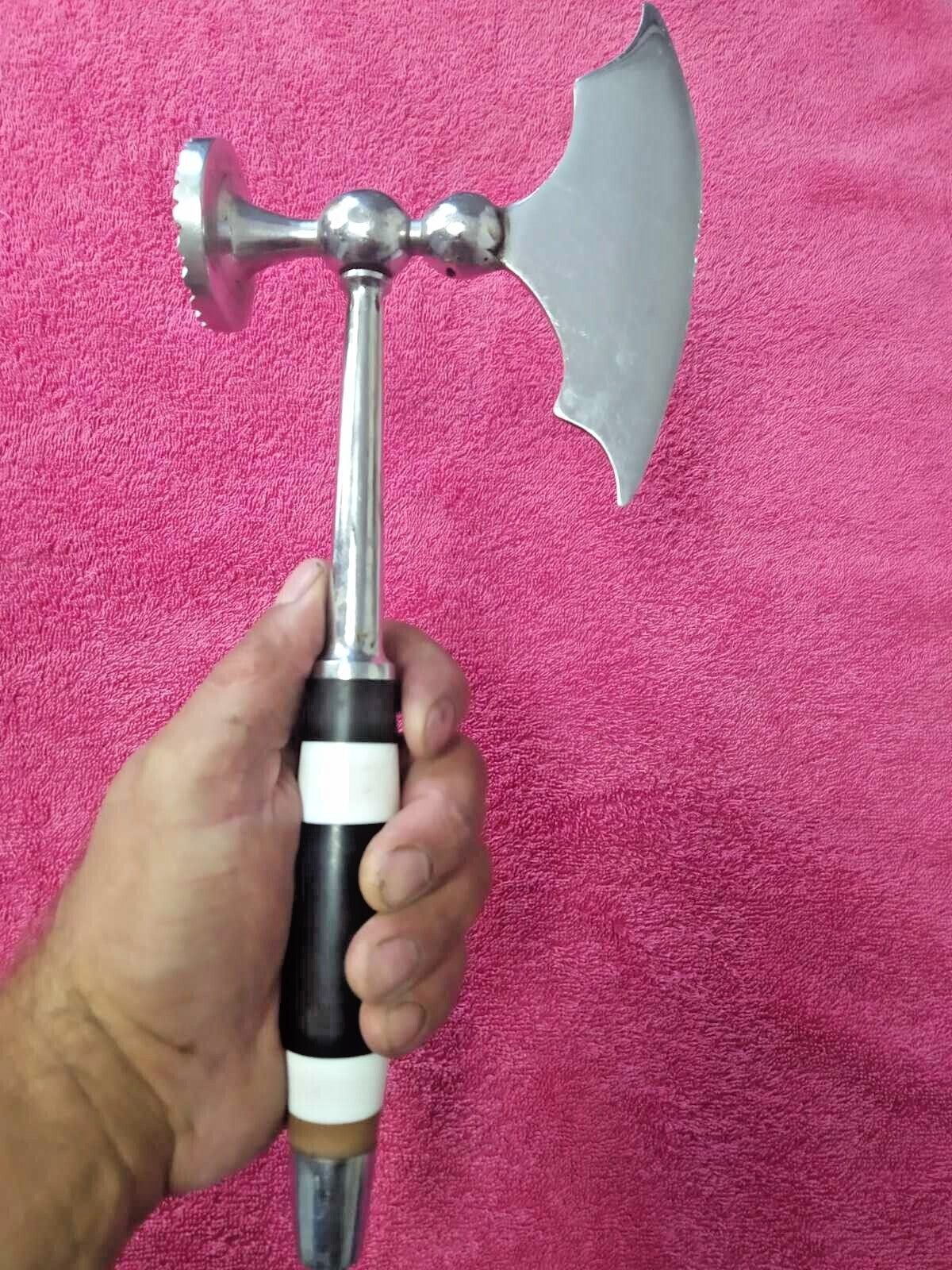 Soviet meat cleaver and tenderizer hammer with axe-shaped blade and black and white handle
