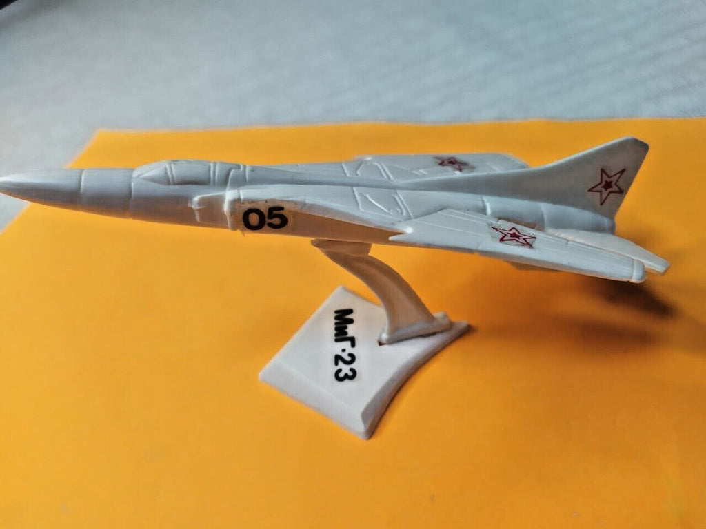 Soviet MiG-23 plastic souvenir model 1:100 on display stand with original box