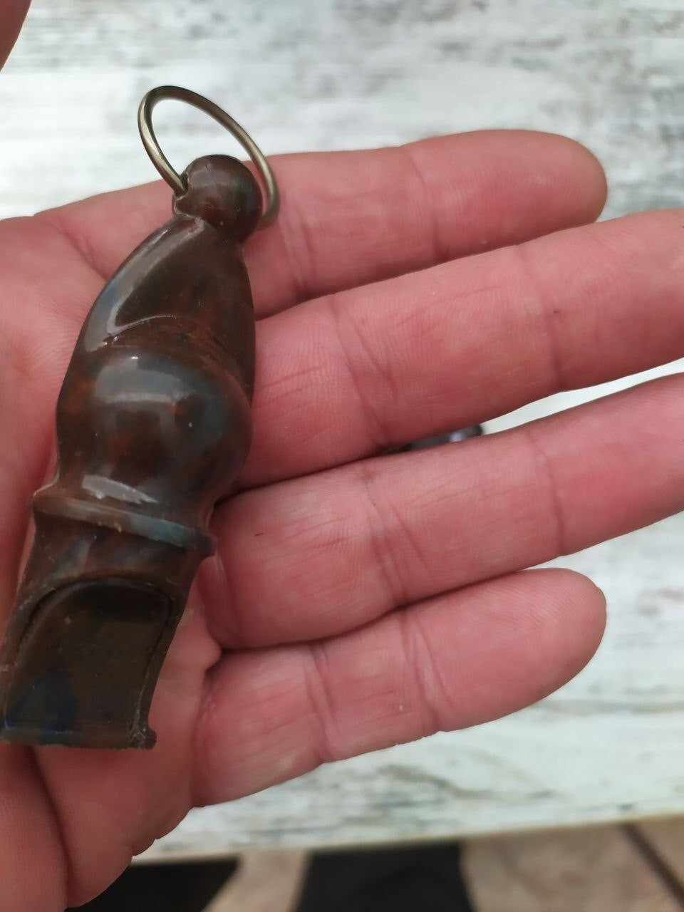 Soviet carbolite whistle with molded loop and metal split ring – detail 8