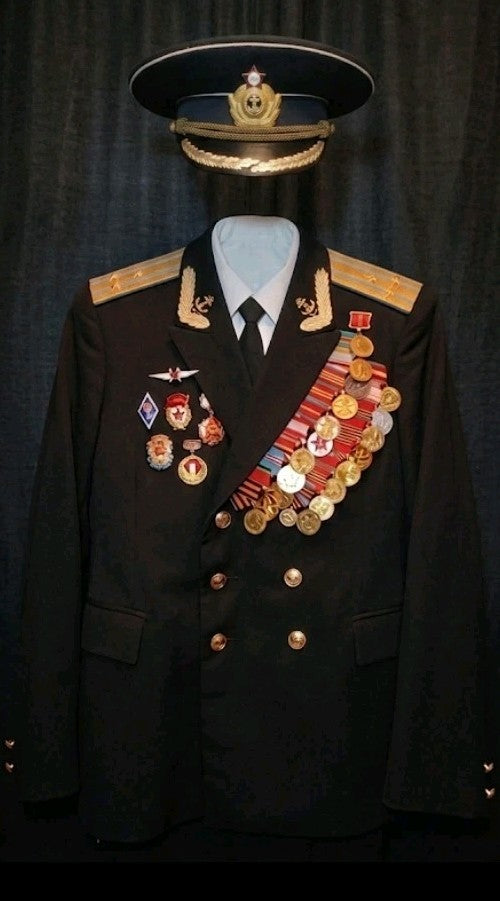 Soviet navy uniform set: USSR Naval Aviation officer tunic with shoulder boards, cap and medals