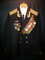Black wool double-breasted tunic with gold bullion collar patches
