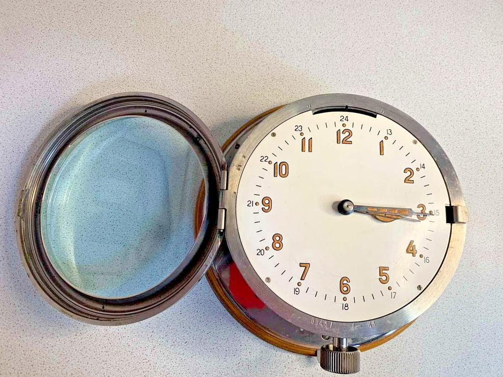 Vintage Soviet submarine clock mechanical movement, bottom wind model