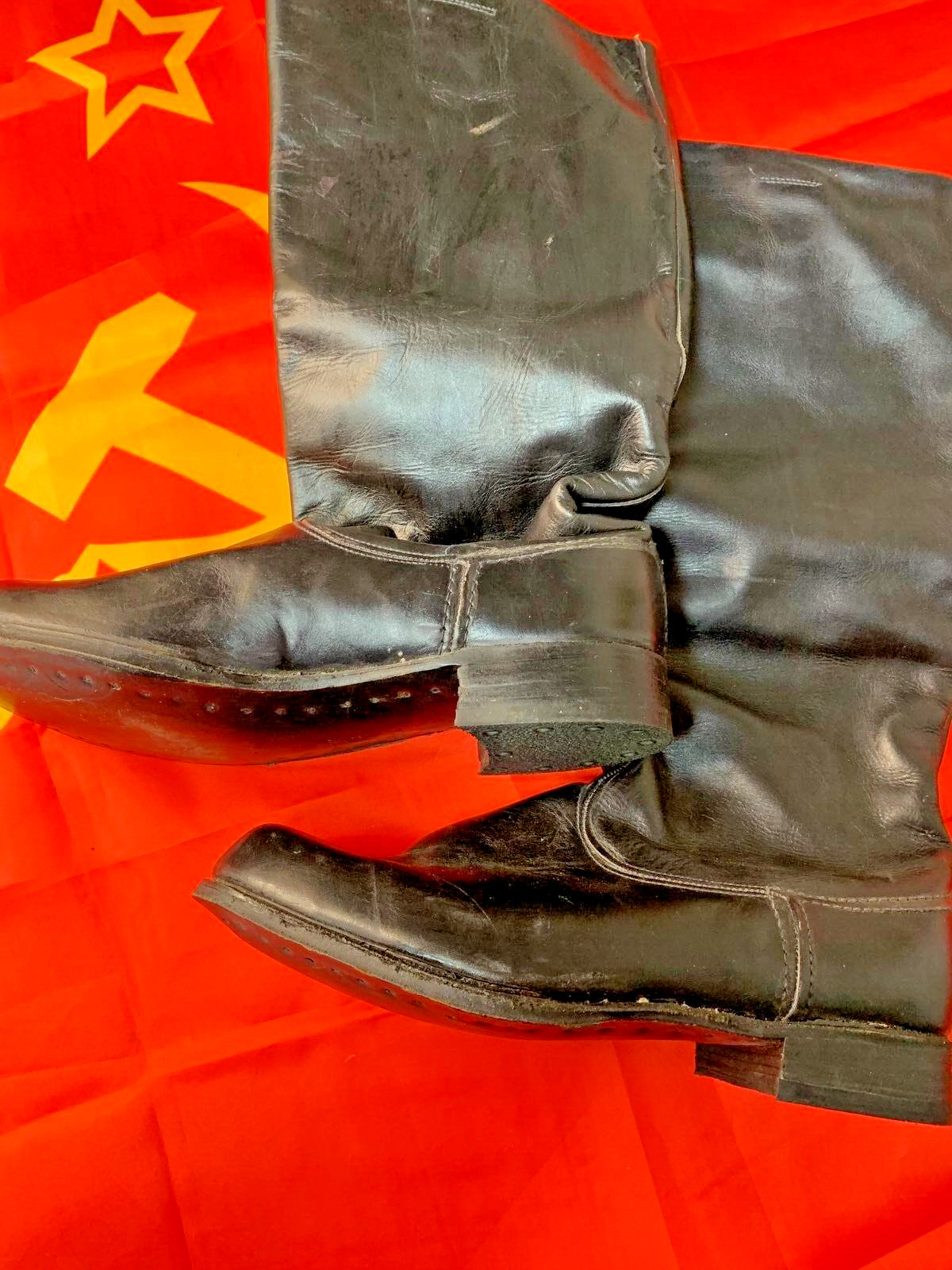 Soviet officer boots in black chrome leather, traditional tall pull-on parade sapogi