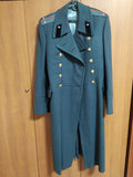 Soviet officer greatcoat in heavy steel-grey wool with shoulder boards and brass buttons
