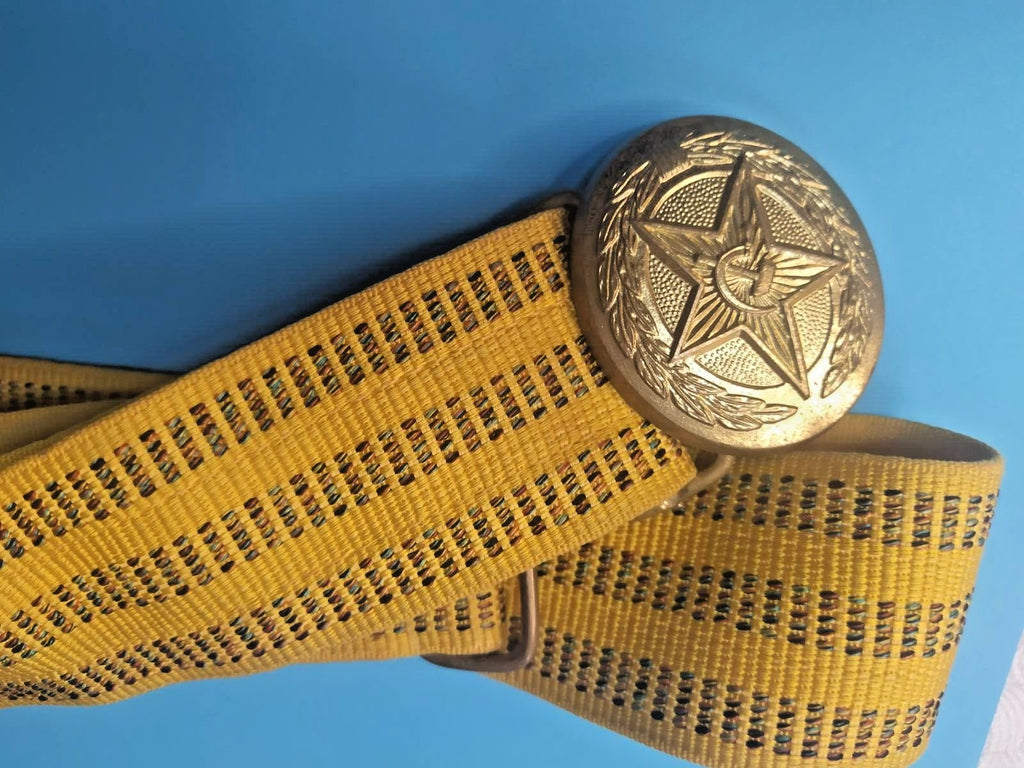 Gold silk brocade belt with black and red stitched lines
