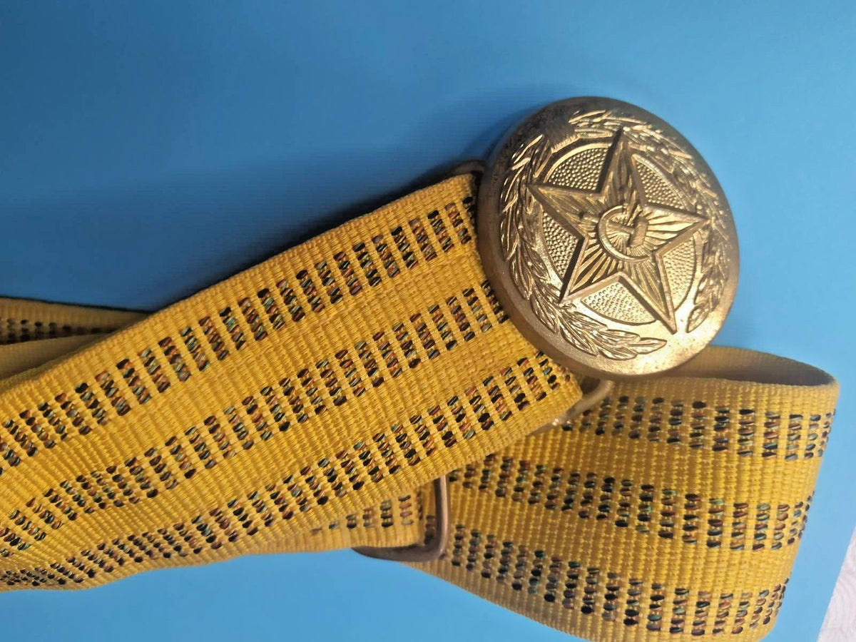 Gold silk brocade belt with black and red stitched lines