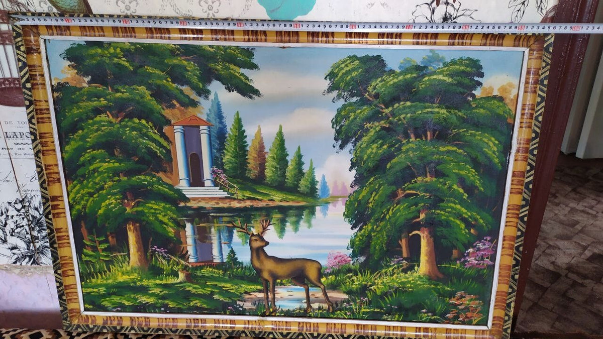 Soviet oil painting of a stag by a lake with a park gazebo in an original wooden frame
