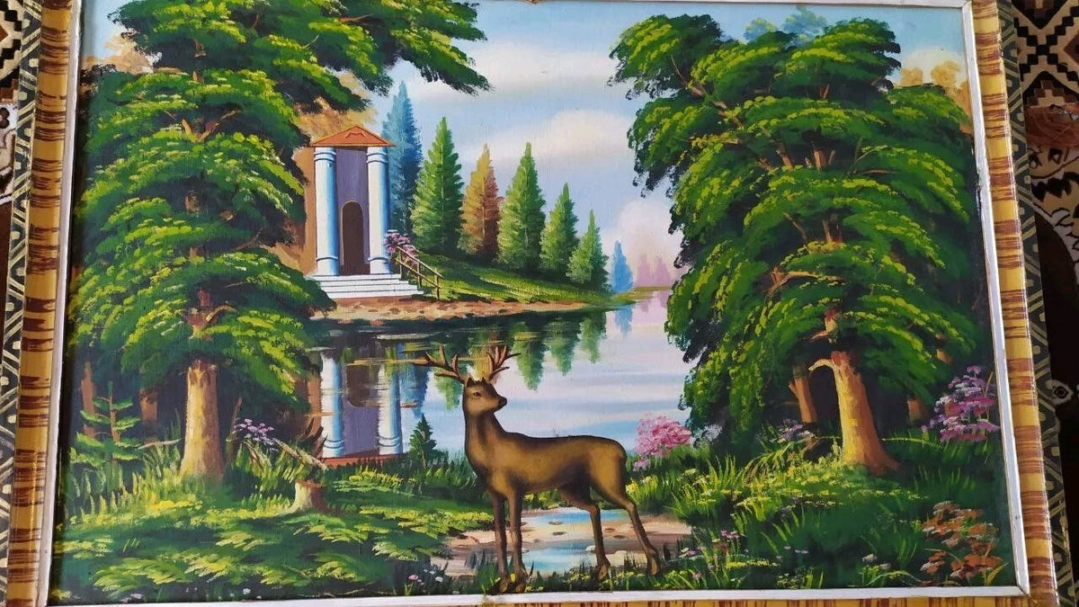 Original wooden frame with geometric striped pattern on a Soviet landscape painting – detail 12