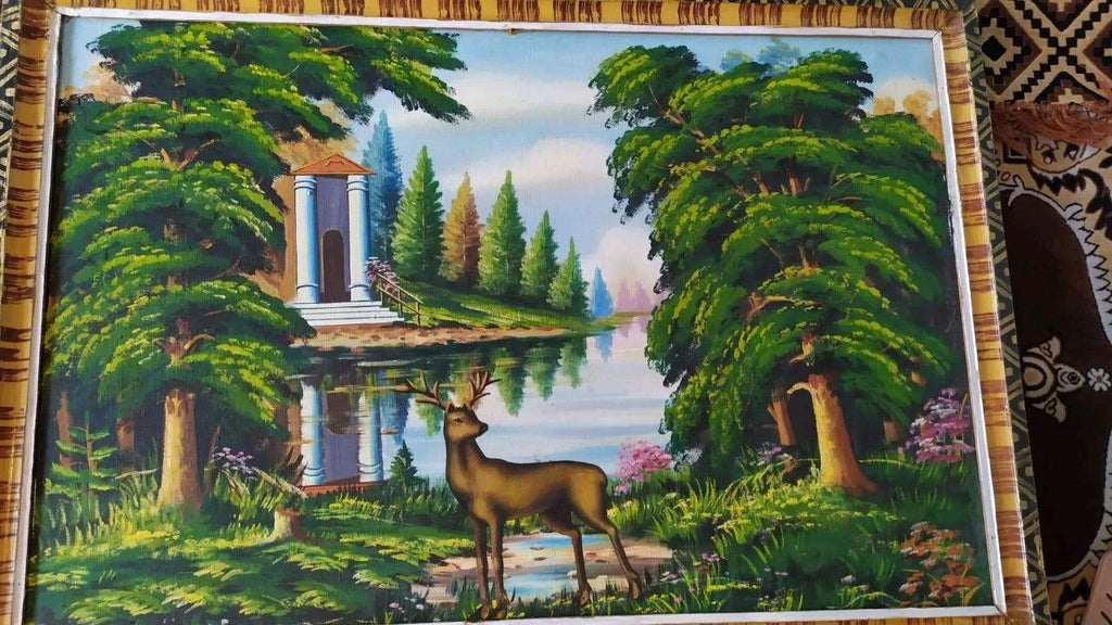 Vintage USSR naive art painting of a deer and forest greenery – detail 5