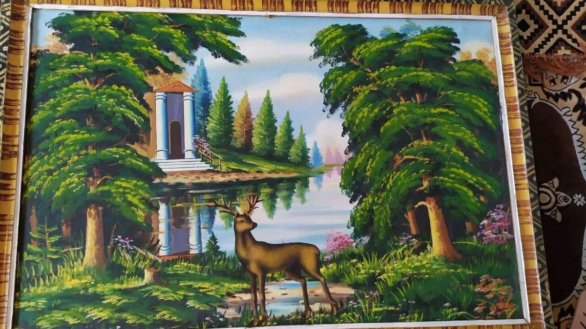 Vintage USSR naive art painting of a deer and forest greenery – detail 5