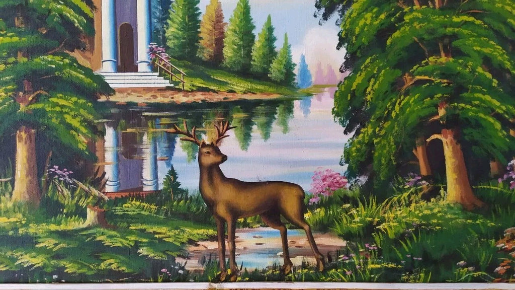 Original wooden frame with geometric striped pattern on a Soviet landscape painting – detail 6