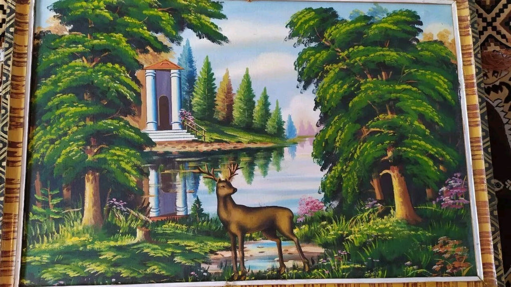 Original wooden frame with geometric striped pattern on a Soviet landscape painting – detail 9
