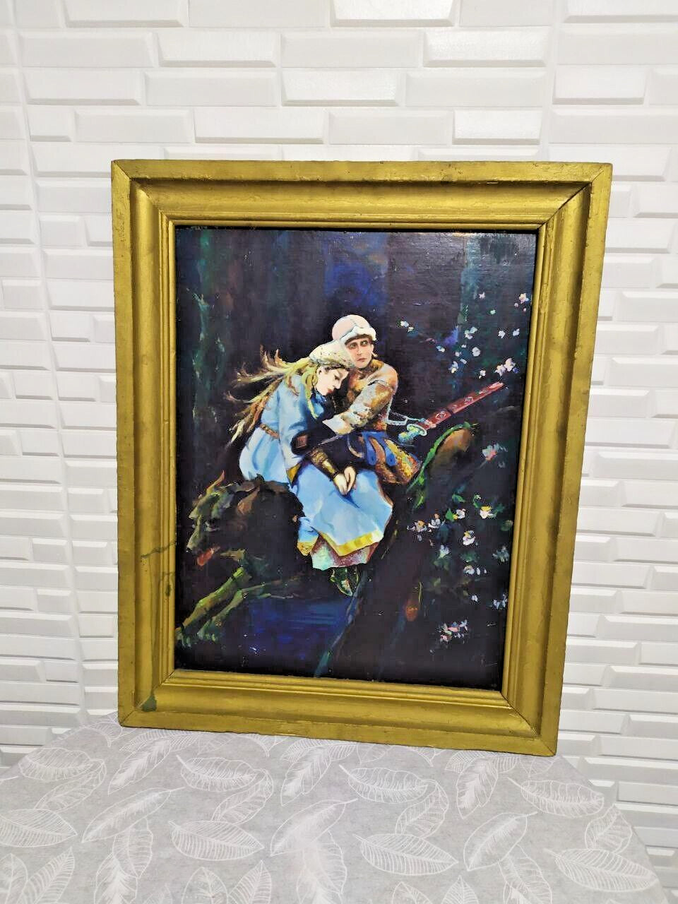 Soviet oil painting Ivan Tsarevich on the Grey Wolf in original gilded wooden frame