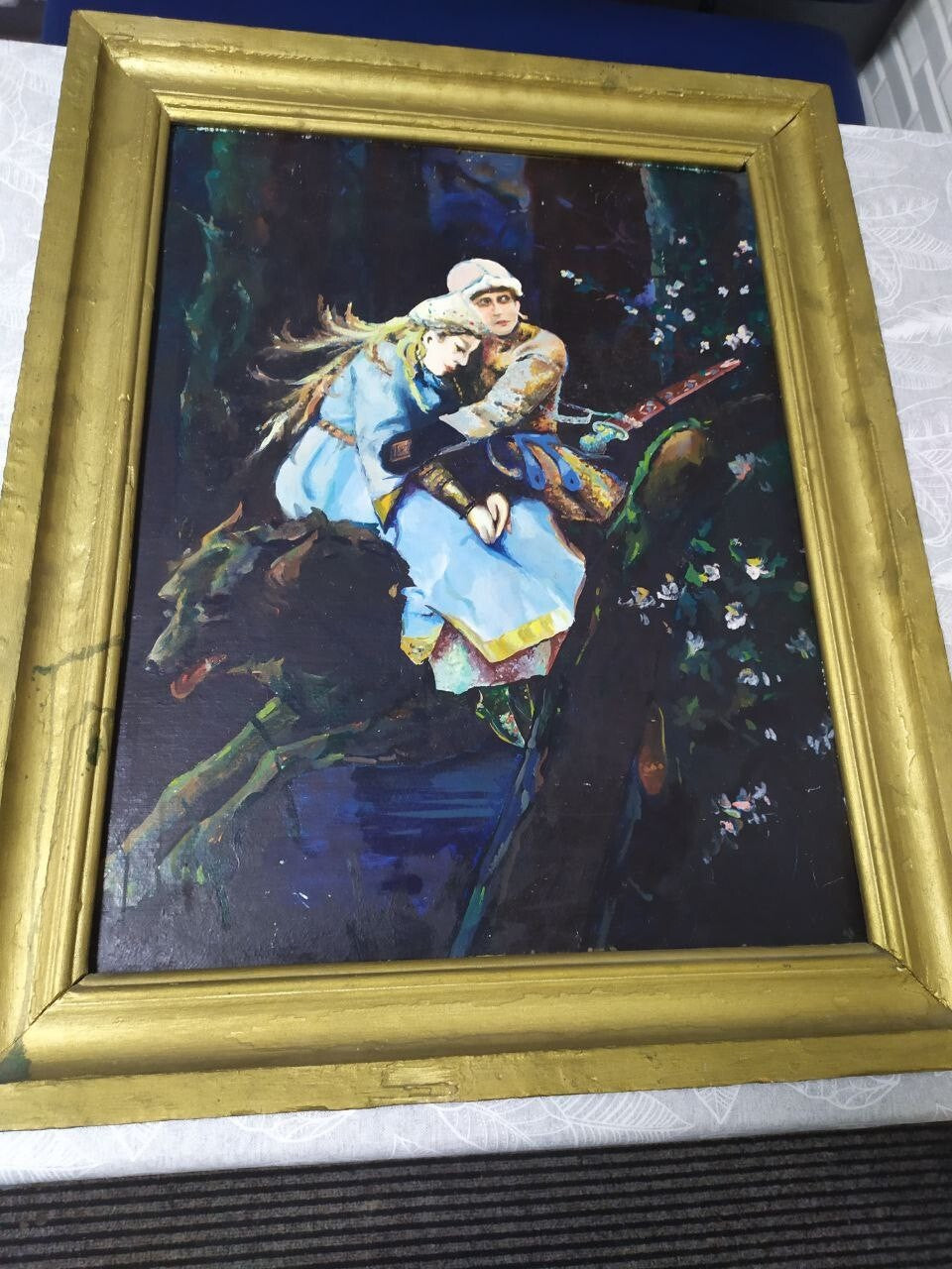 Gilded wooden frame corner of the Slavic folklore painting, showing minor chips – detail 13