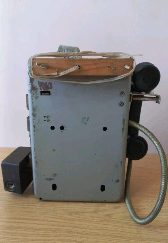 Cast iron AMT-47 coin phone with rust spots, patina and wooden mounting block – detail 7