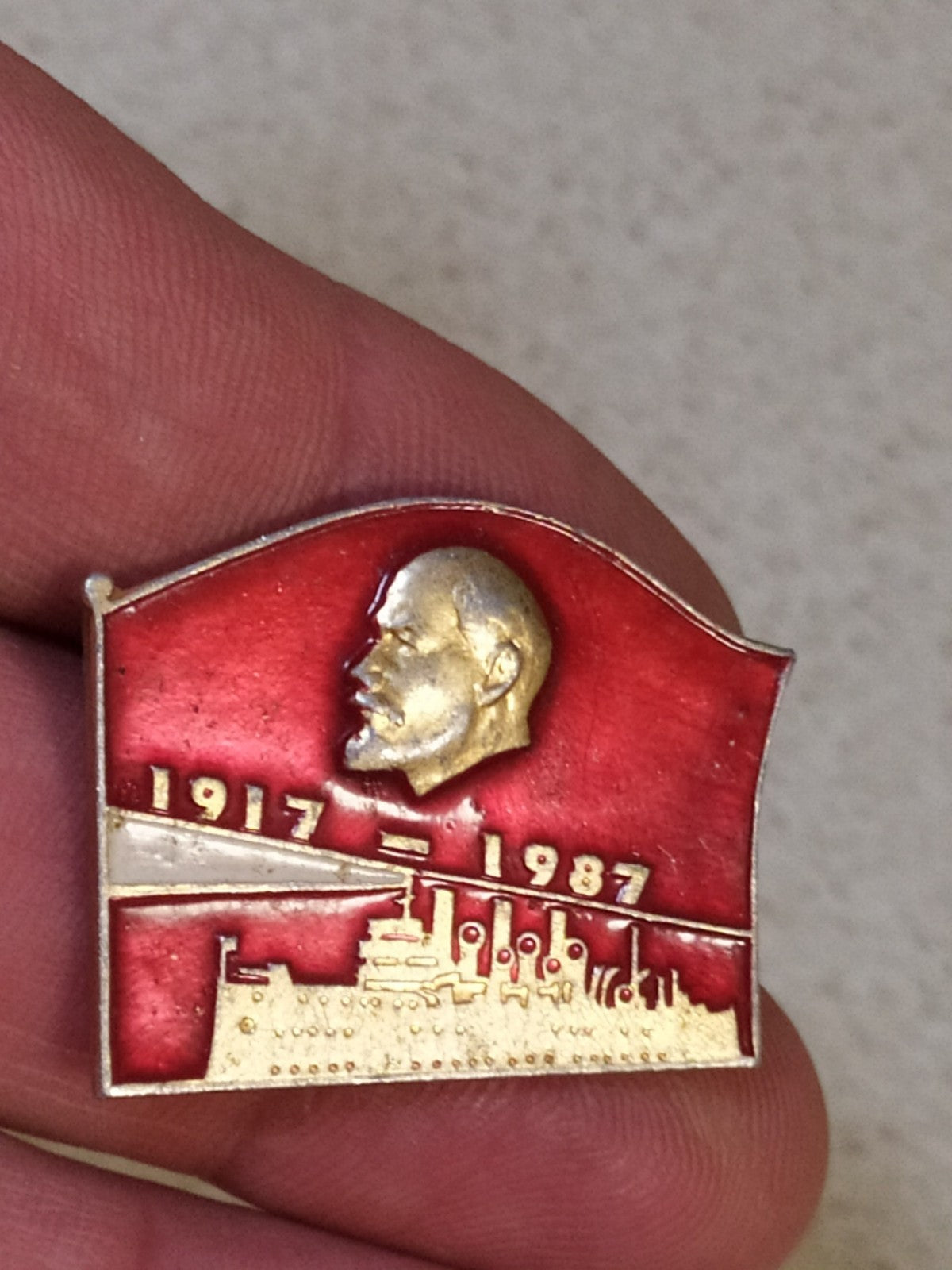 Vintage Soviet pin marking seventy years since the October Revolution