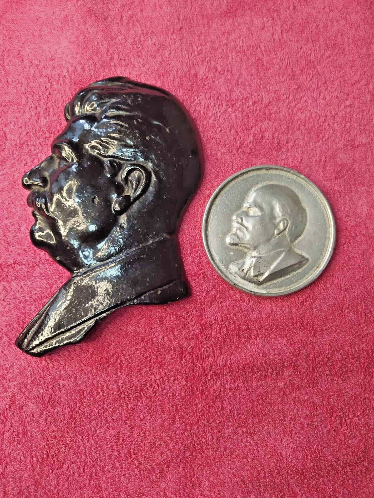 Soviet plaque set of 2: black Stalin bas-relief and round silver Lenin bas-relief