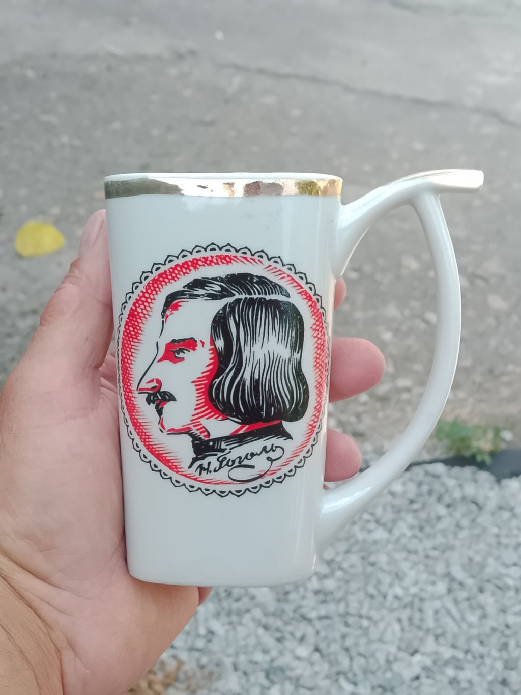 Soviet porcelain spa cup with portrait and signature of Nikolai Gogol and gilt rim