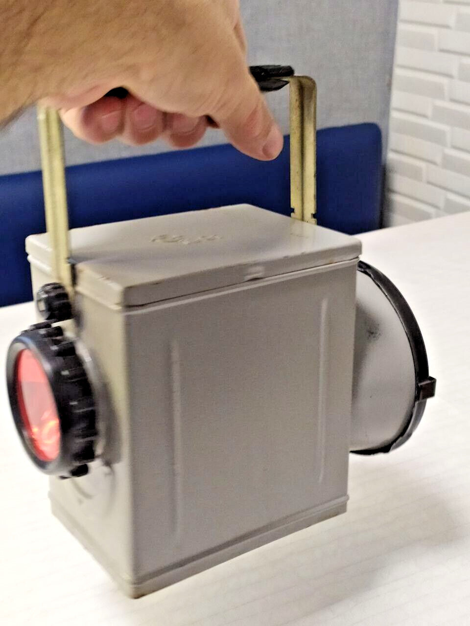 Vintage Soviet lamp side view showing the small red signal light