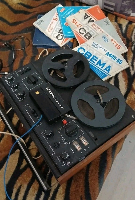 Soviet reel to reel tape recorder Mayak-205 front panel with reels