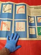 Soviet industrial poster panels with emergency exit and eyewash signs